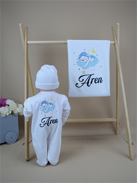 İsme Özel Baskı Mini Set Bulut Desen Tulum Battaniye  Set 4SBB04