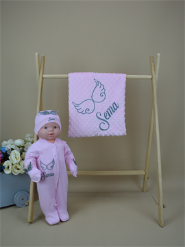 İsme Özel Nakış Mini Set Kanat Desen Tulum Battaniye Tavşan Set 4SKD052