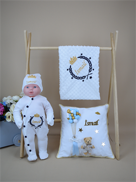 İsme Özel Nakış Mini Set Taç Çelenk Tulum Battaniye Yastık Set 5STÇ040