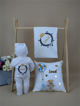 İsme Özel Nakış Mini Set Taç Çelenk Tulum Battaniye Yastık Set 5STÇ040