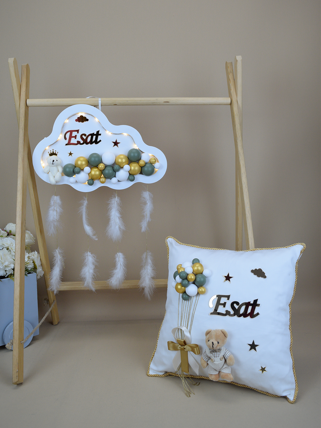 Ana Kuzusu İsme Özel 40 cm Ahşap Bulut Kapı süsü  Pleksi Yastık Seti 02KSY09