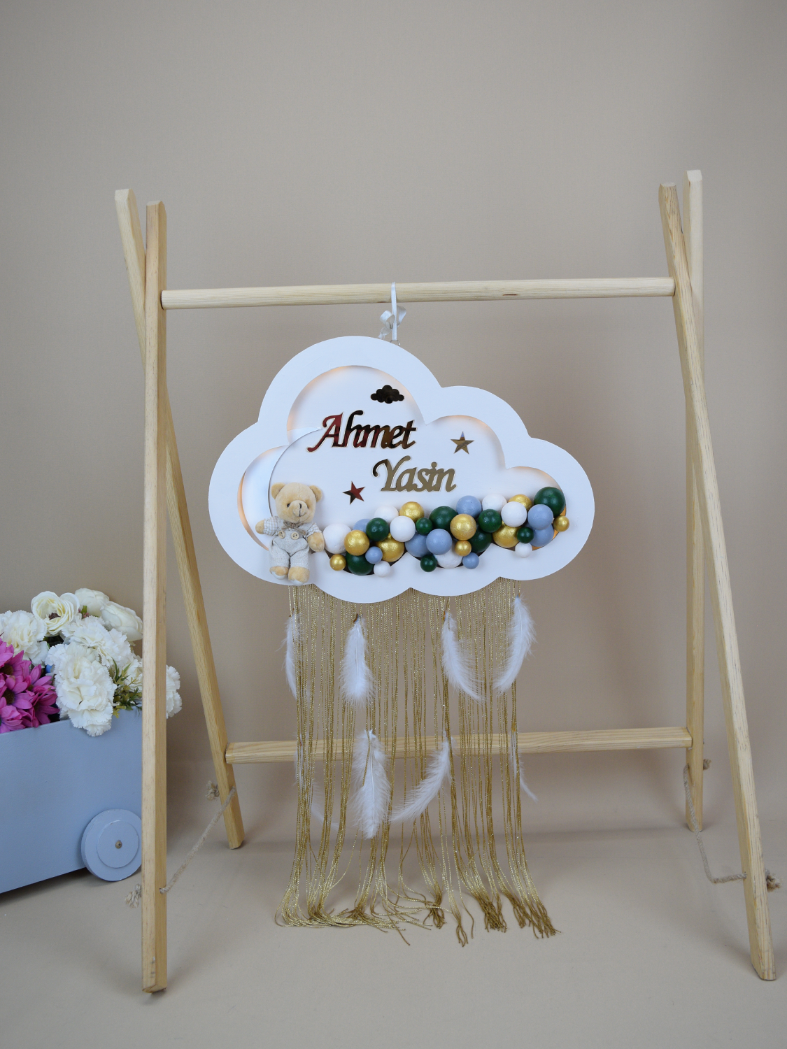 Ana Kuzusu İsme Özel Ahşap Bulut Kapı Süsü Püsküllü 45 Cm 1KPG59