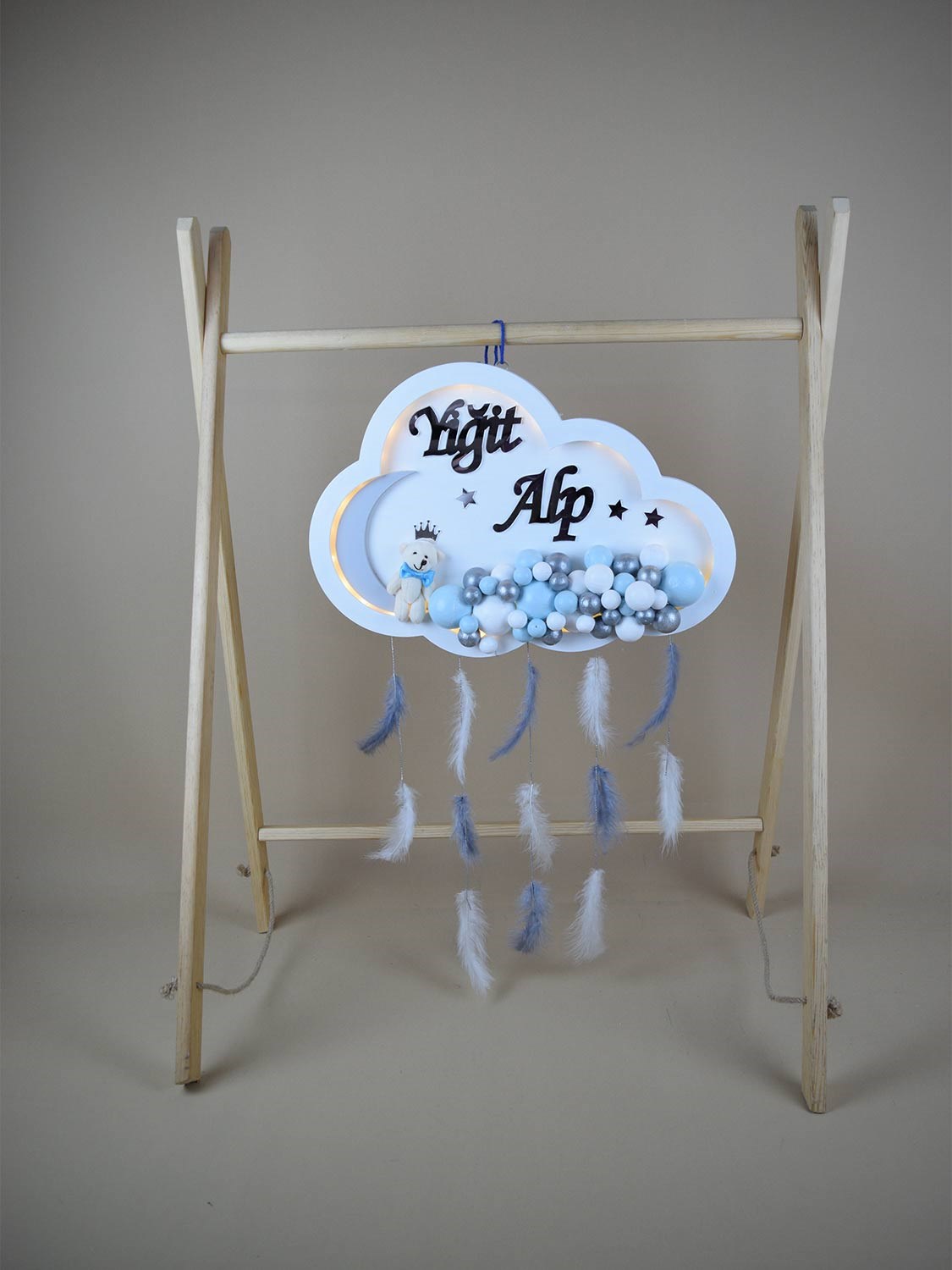 Ana Kuzusu İsme Özel Ahşap Ledli  Bulut  Kapı Süsü 1KPB69