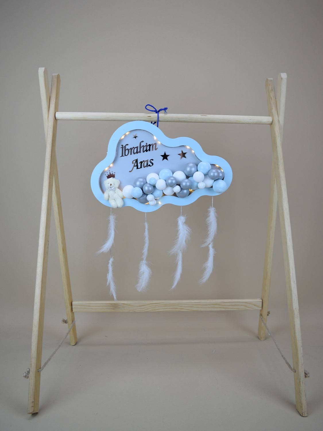 Ana Kuzusu İsme Özel Ahşap Ledli  Bulut Kapı Süsü 1KPL68