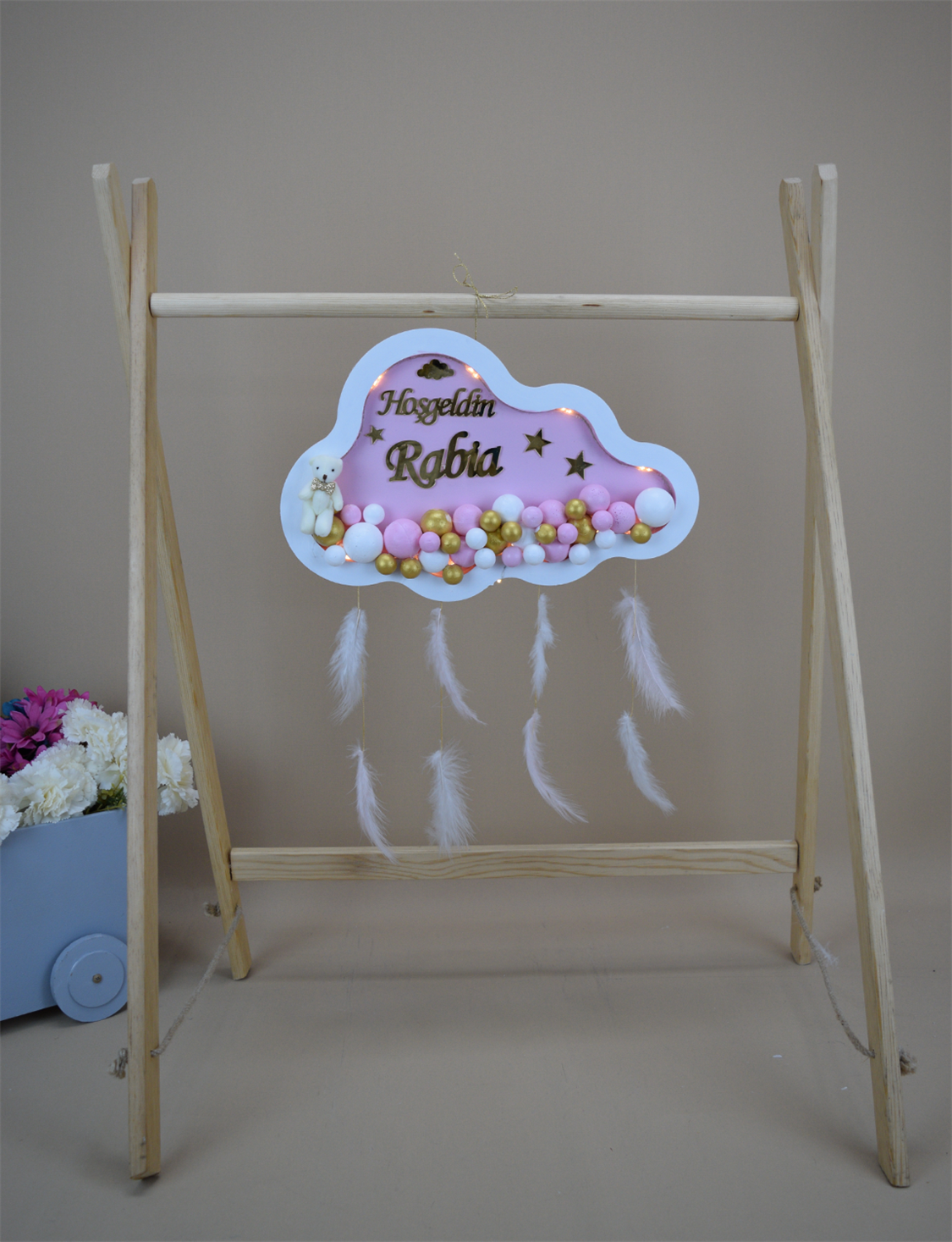 Ana Kuzusu İsme Özel Ahşap Ledli  Bulut Kapı Süsü 40 Cm 1KPL49