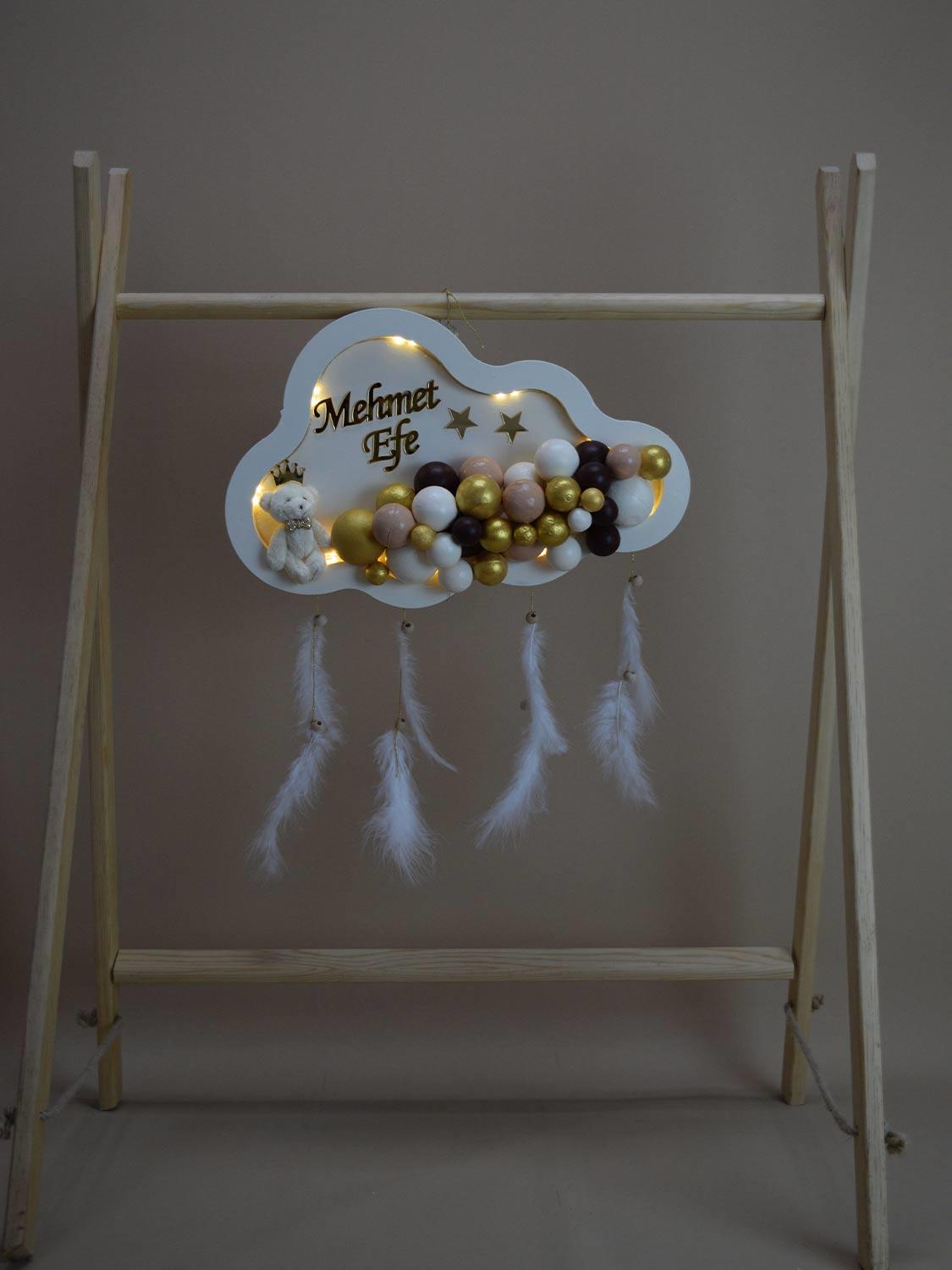 Ana Kuzusu İsme Özel Ahşap Ledli  Bulut Kapı Süsü 1KPL69