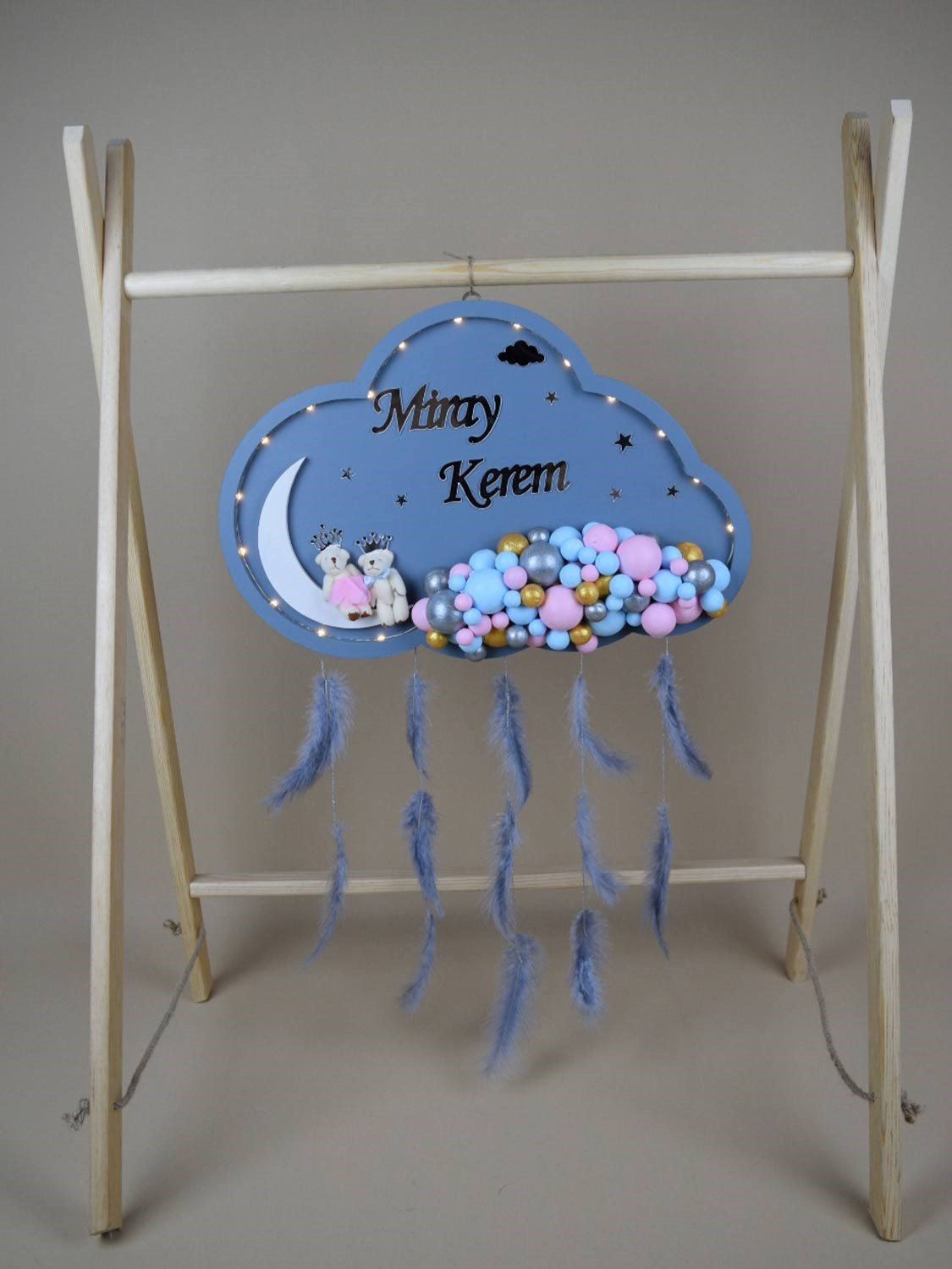 Ana Kuzusu İsme Özel Ahşap Ledli  Bulut Kapı Süsü 1KPL67