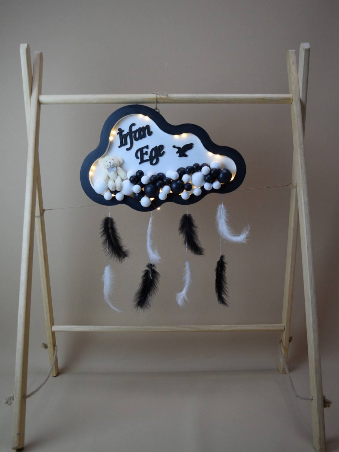 Ana Kuzusu İsme Özel Ahşap Ledli  Bulut Kapı Süsü 1KPL67