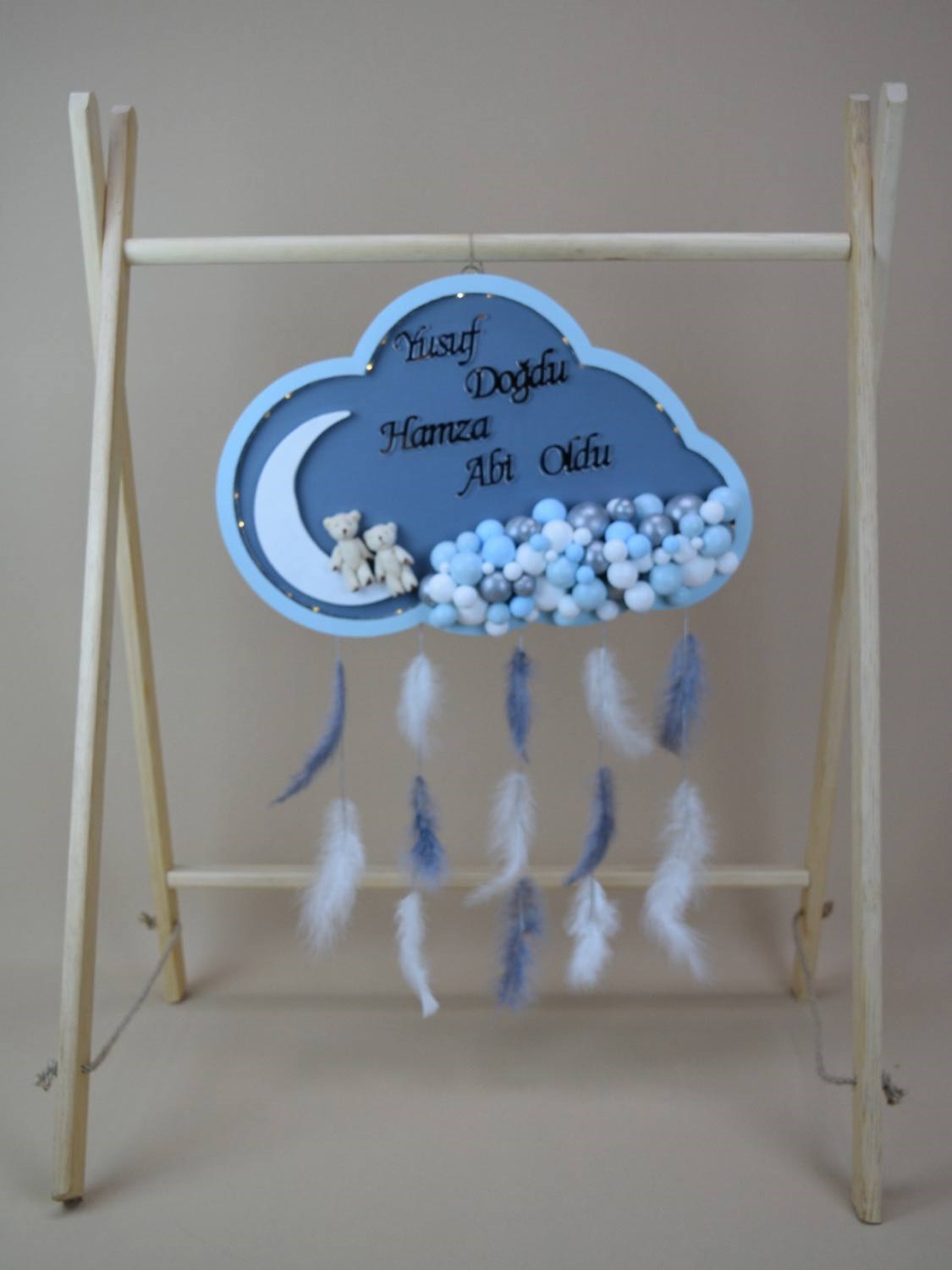 Ana Kuzusu İsme Özel Ahşap Ledli  Bulut Kapı Süsü 1KPL26