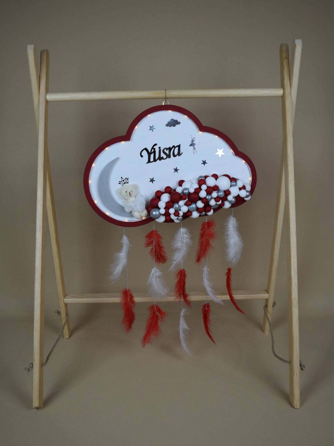 Ana Kuzusu İsme Özel Ahşap Ledli  Bulut Kapı Süsü 1KPG44