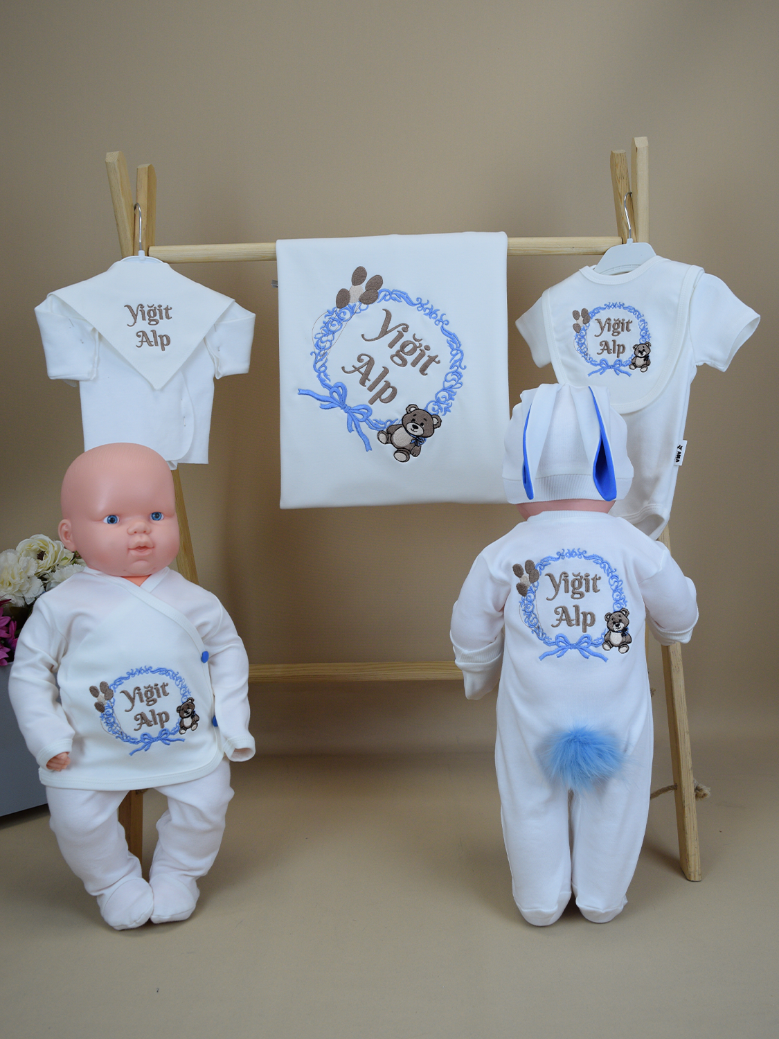 Ana Kuzusu İsme Özel Nakış Hastane Çıkışı   Panda Desen Tavşanlı Set 10PDD60