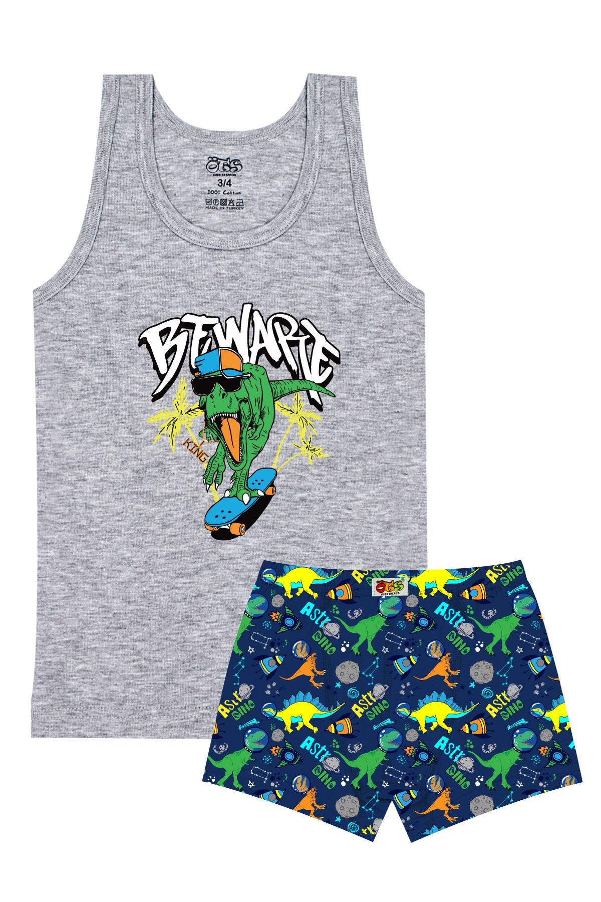 Öts Erkek Çocuk Atlet Boxer Likralı Gri Dinozor (%96 Pamuk - %4 Elastan)