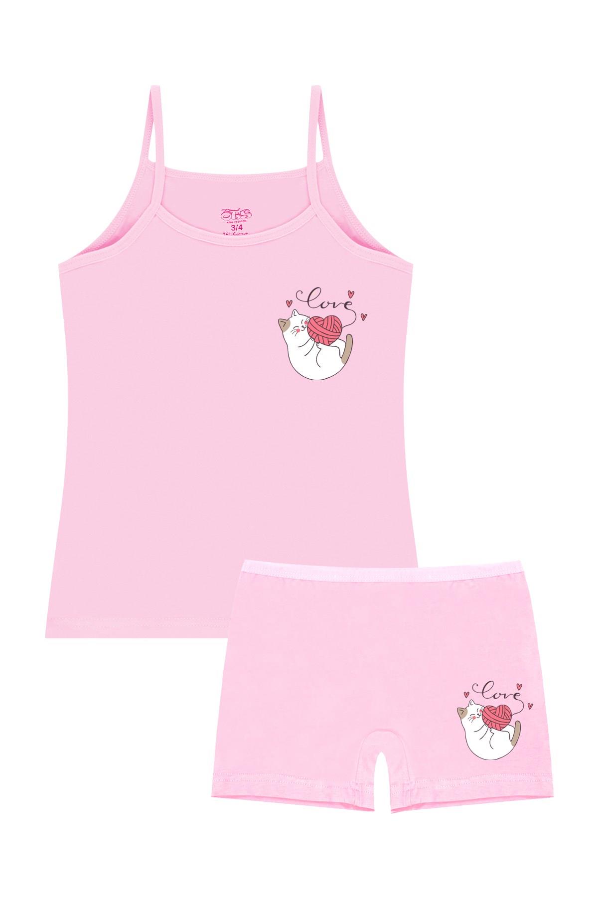 Öts Kız Çocuk Atlet Boxer Likralı Pembe Kedi (%96 Pamuk - %4 Elastan)