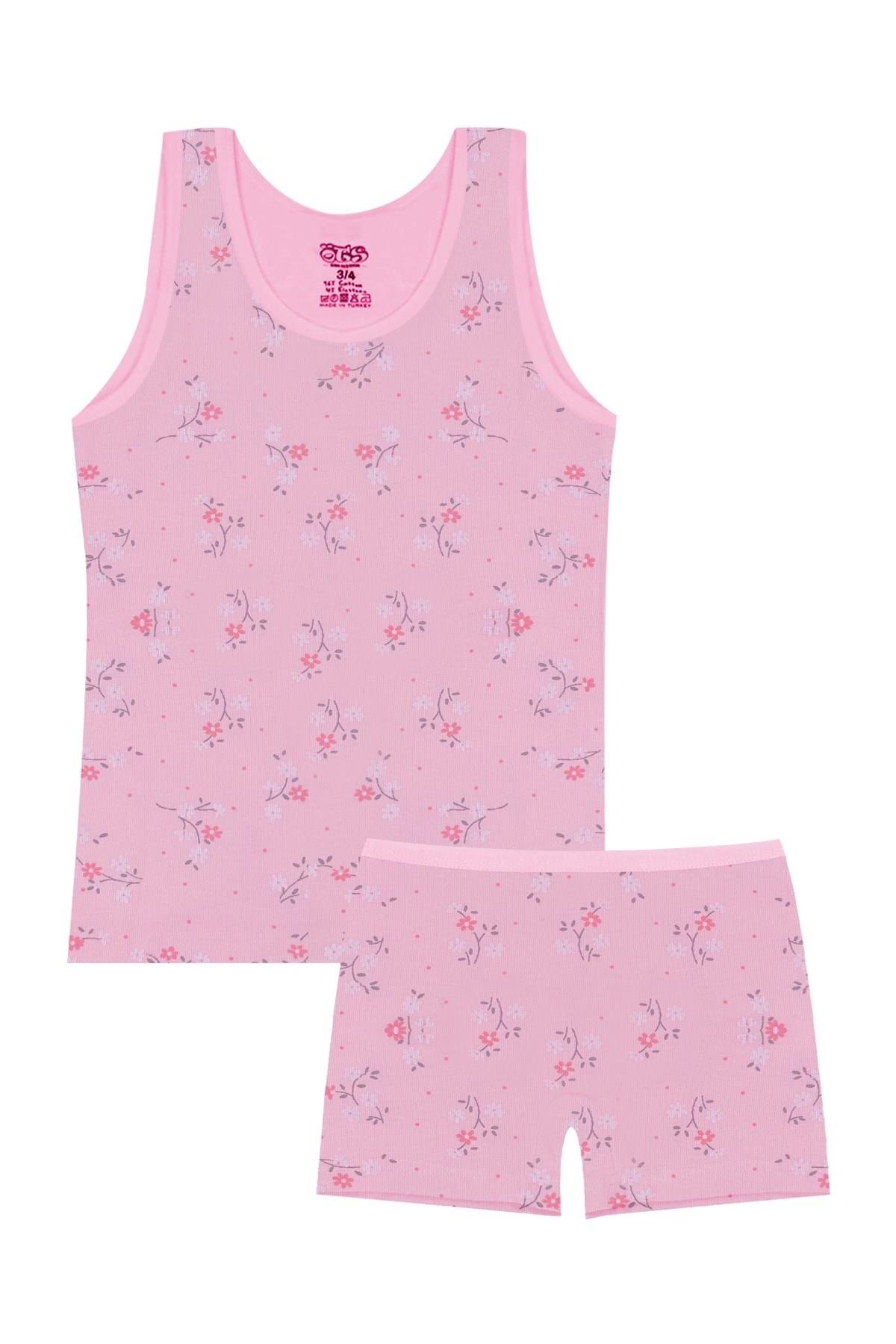 Öts Kız Çocuk Atlet Boxer Likralı Pembe Desenli (%96 Pamuk - %4 Elastan)