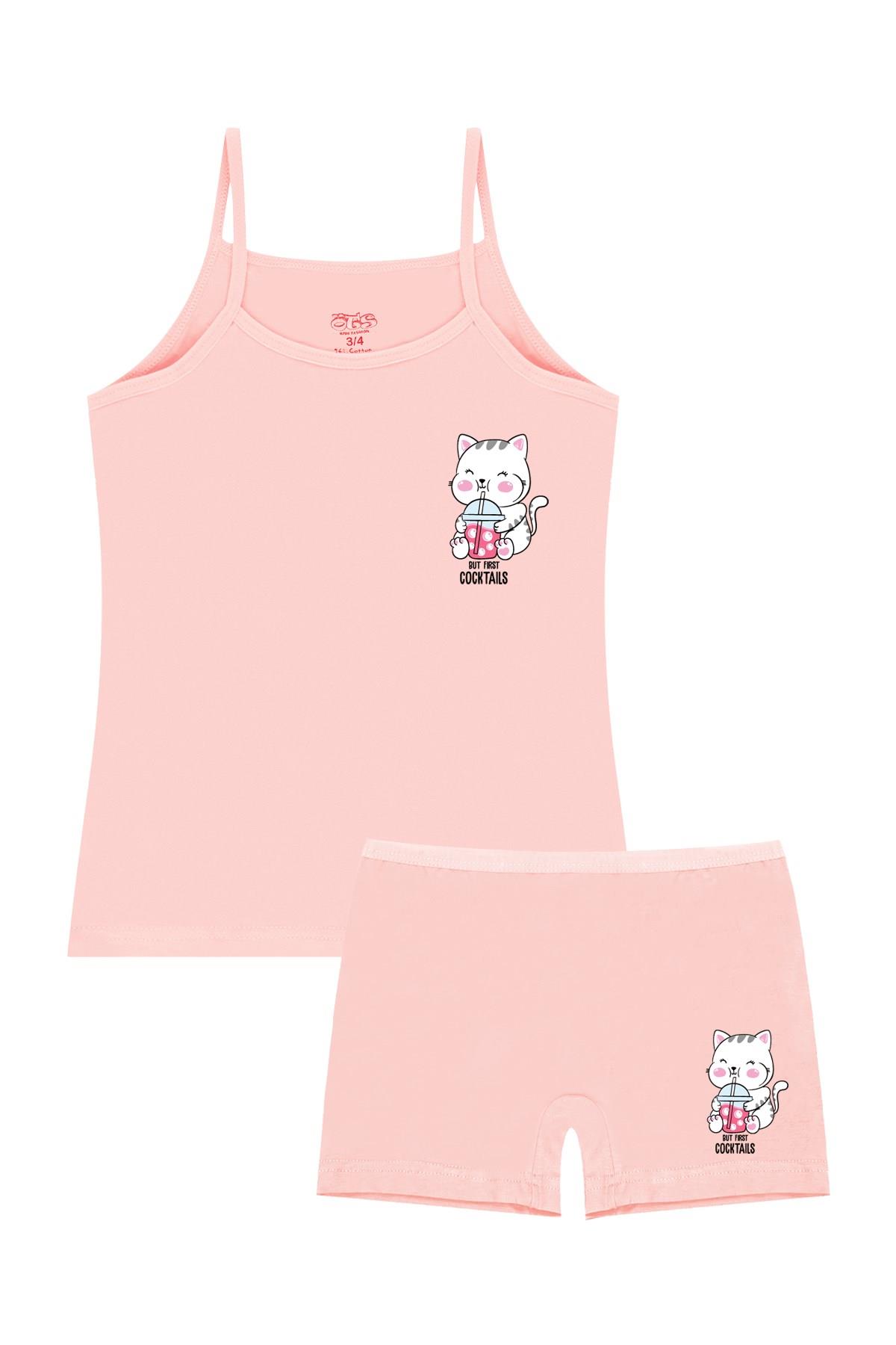 Öts Kız Çocuk Atlet Boxer Likralı Somon Kedi (%96 Pamuk - %4 Elastan)