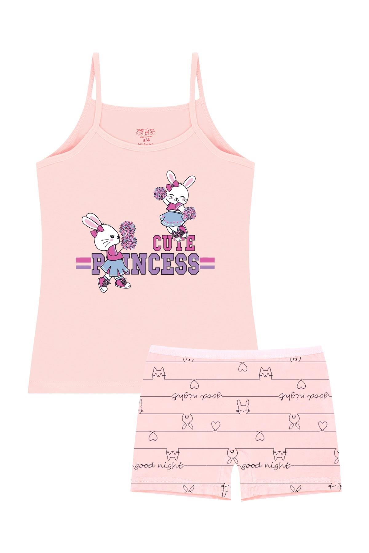 Öts Kız Çocuk Atlet Külot Likralı Somon Kedi (%96 Pamuk - %4 Elastan)