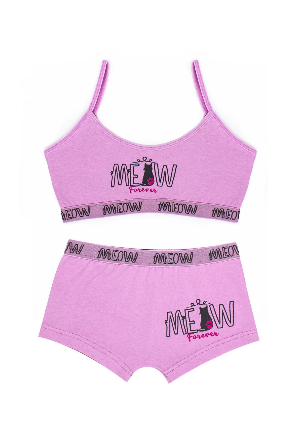Öts Kız Çocuk Bustiyer Şort Likralı Lila Meow (%96 Pamuk - %4 Elastan)