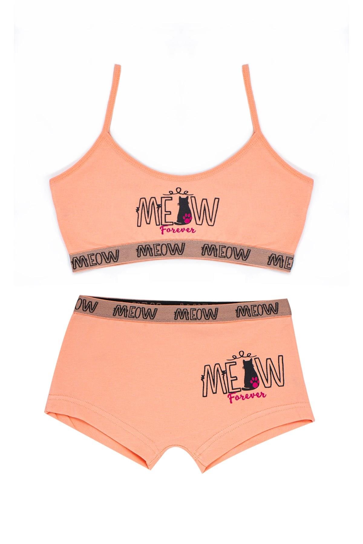 Öts Kız Çocuk Bustiyer Şort Likralı Somon Meow (%96 Pamuk - %4 Elastan)