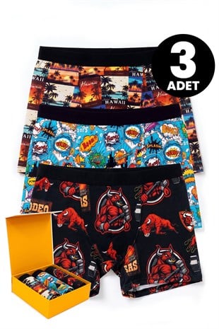 Just Inner Premium Erkek 3lü Pamuklu Boxer Hediye Kutulu Baskılı Esnek ve Konforlu (138002-3)