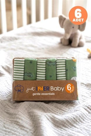 Just Inner Erkek Bebek 6lı Pamuklu Ağız Mendili Safari ve Çizgili Kutulu Set Nefes Alan (584201)