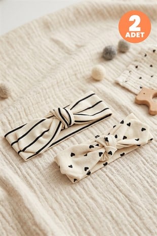 Just Inner Kız Bebek 2li Pamuklu Bandana Bere Kalpli Çizgili Fiyonklu Esnek ve Konforlu (684604)