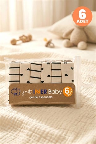Just Inner Kız Bebek 6lı Pamuklu Ağız Mendili Kalpli Çizgili Kutulu Set Nefes Alan Doku (684204)
