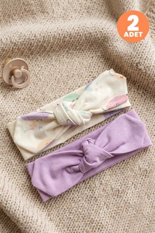 Just Inner Kız Bebek 2li Pamuklu Bandana Bere Ayışığı Desenli Fiyonklu Esnek ve Konforlu (684602)
