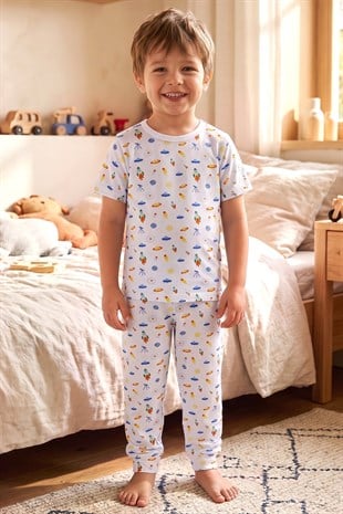 Öts Erkek Çocuk Pamuklu Pijama Takımı Kısa Kol Uzun Alt Desenli Premium Ev Stili (374005)