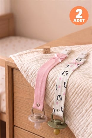 Just Inner Kız Bebek 2li Pamuklu Emzik Askısı Klipsli Penguen Desenli Fiyonklu Güvenli (684101)