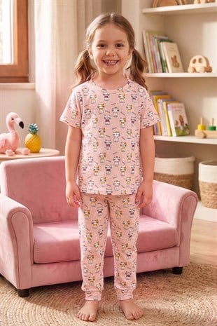 Öts Kız Çocuk Pamuklu Pijama Takımı Kısa Kol Uzun Alt Desenli Geniş ve Rahat Kesim (474003)