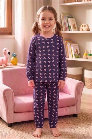 Öts Kız Çocuk Tekli Pamuklu Pijama Uzun Kol Uzun Alt Desenli Nefes Alan Rahat Kesim (474013)