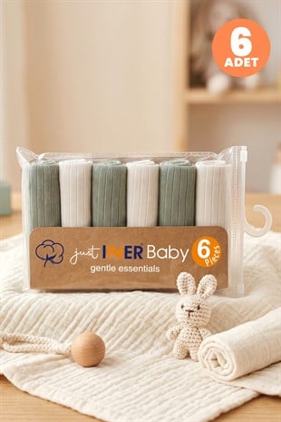 Just Inner Erkek Bebek 6lı %100 Pamuk Ağız Mendili Düz Renk Dokulu Kutulu Set Nefes Alan (582202)