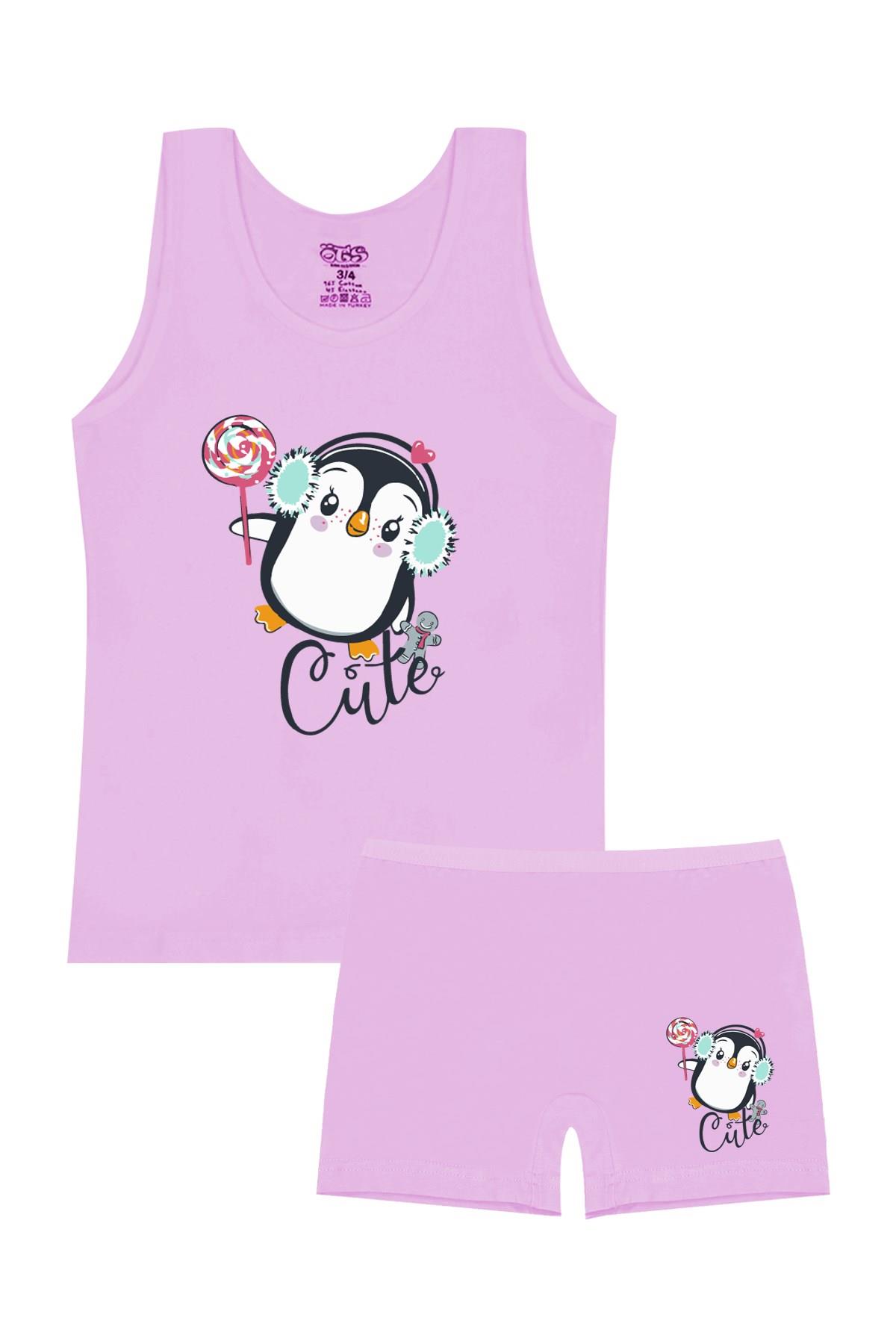 Öts Kız Çocuk Atlet Boxer Likralı Lila Penguen (%96 Pamuk - %4 Elastan)