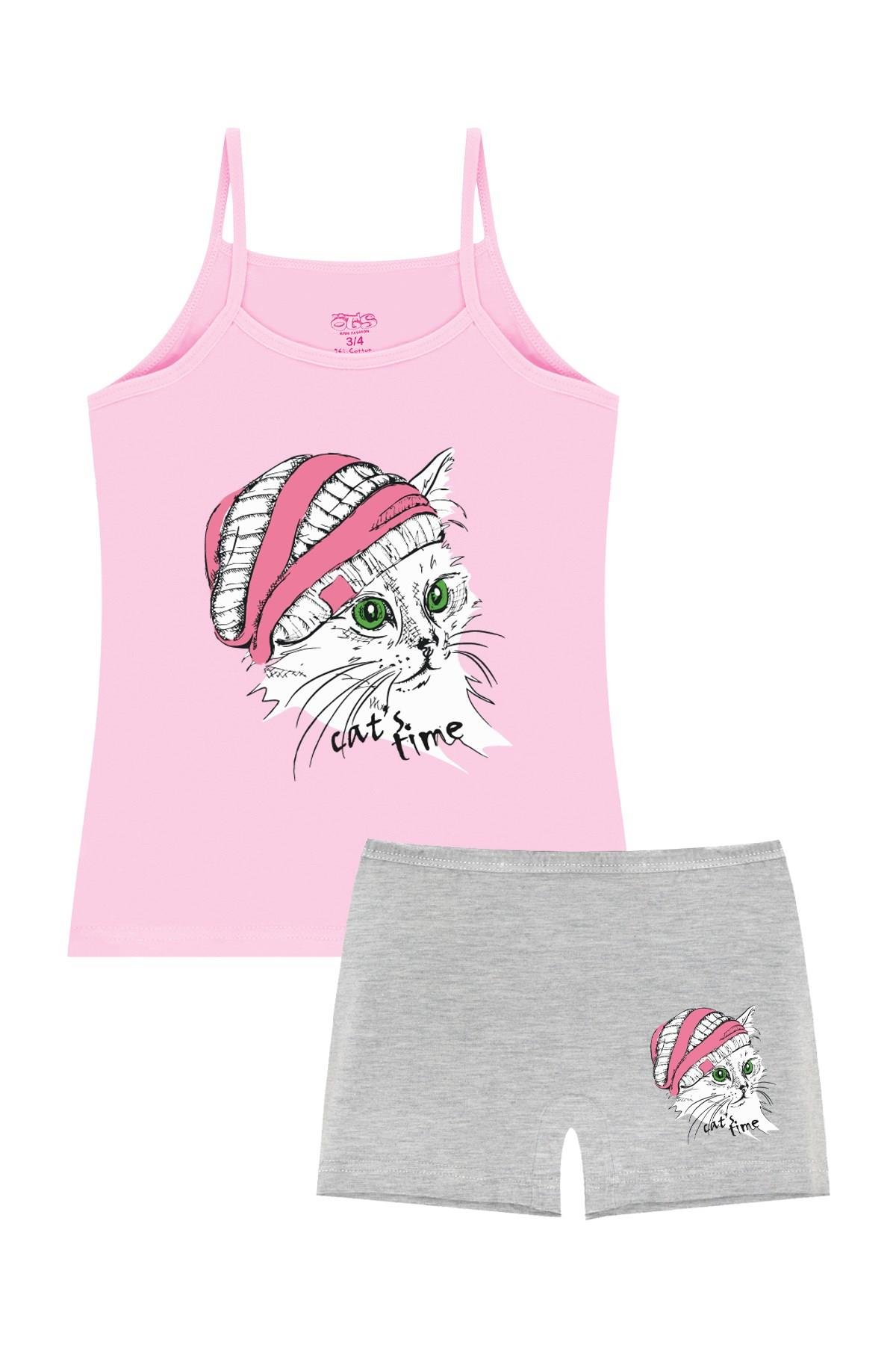 Öts Kız Çocuk Atlet Boxer Likralı Pembe Kedi (%96 Pamuk - %4 Elastan)