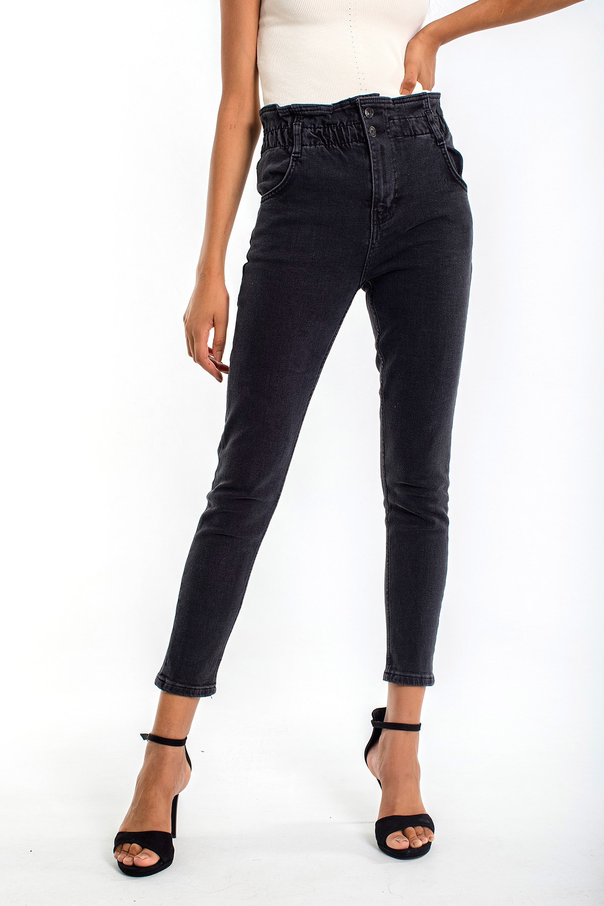 Kadın Siyah Beli Lastikli Yüksek Bel Jean