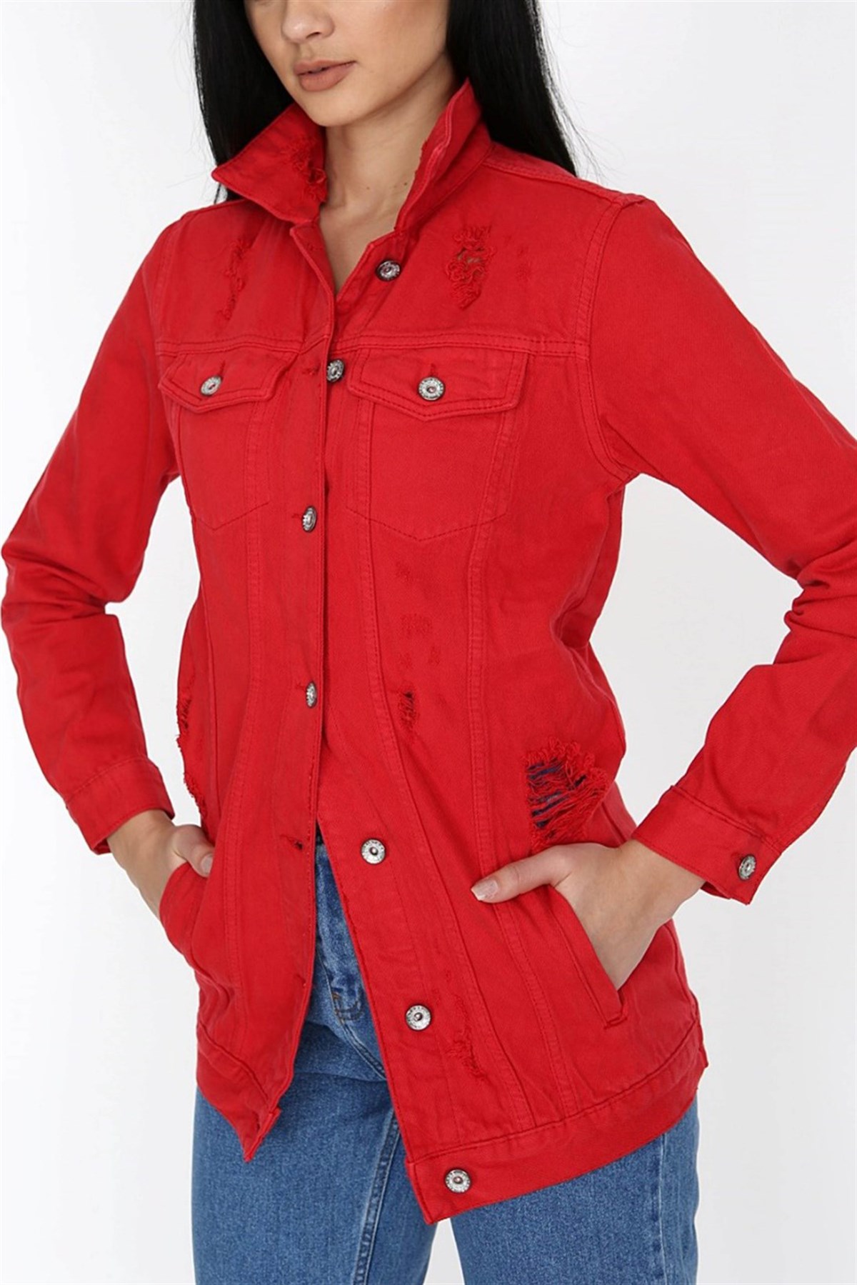 Kırmızı Kot Ceket Yırtık Model