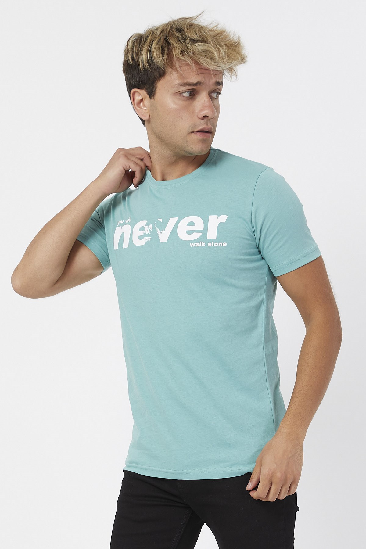 Turkuaz Erkek Never Yazılı T-shirt