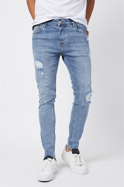 Erkek Buz Mavisi Yırtıklı Skinny Jeans Pantolon