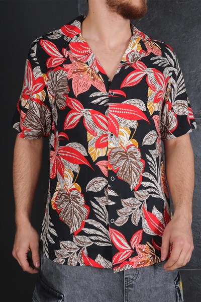 Erkek Siyah Çiçek Desenli Kısa Kollu Hawai Oversize Gömlek
