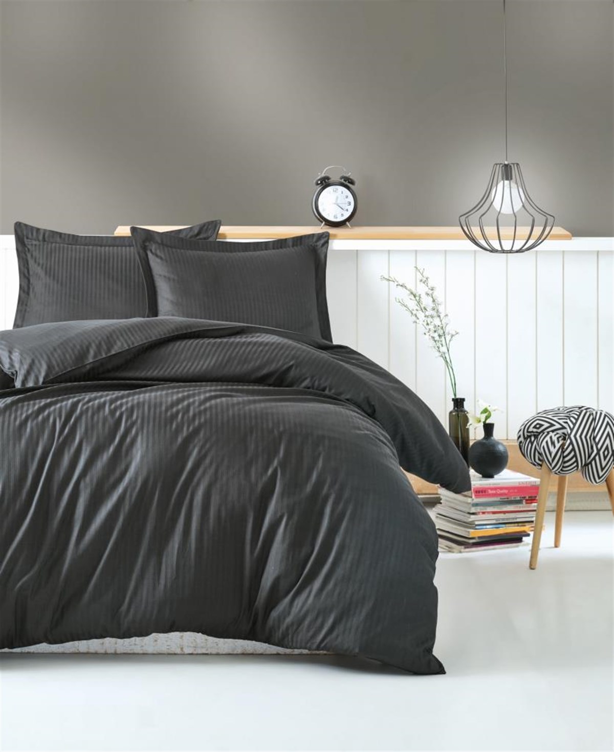 COTTON BOX NEVRESİM TAKIMI ELEGANT STRİPE SATEN Ç.K. ANTRASİT