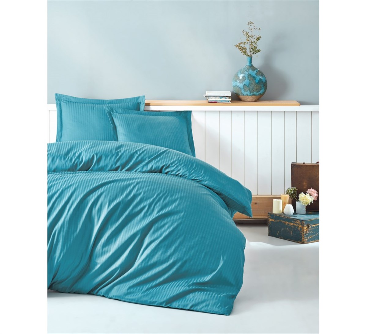 COTTON BOX NEVRESİM TAKIMI ELEGANT STRİPE SATEN Ç.K. TURKUAZ