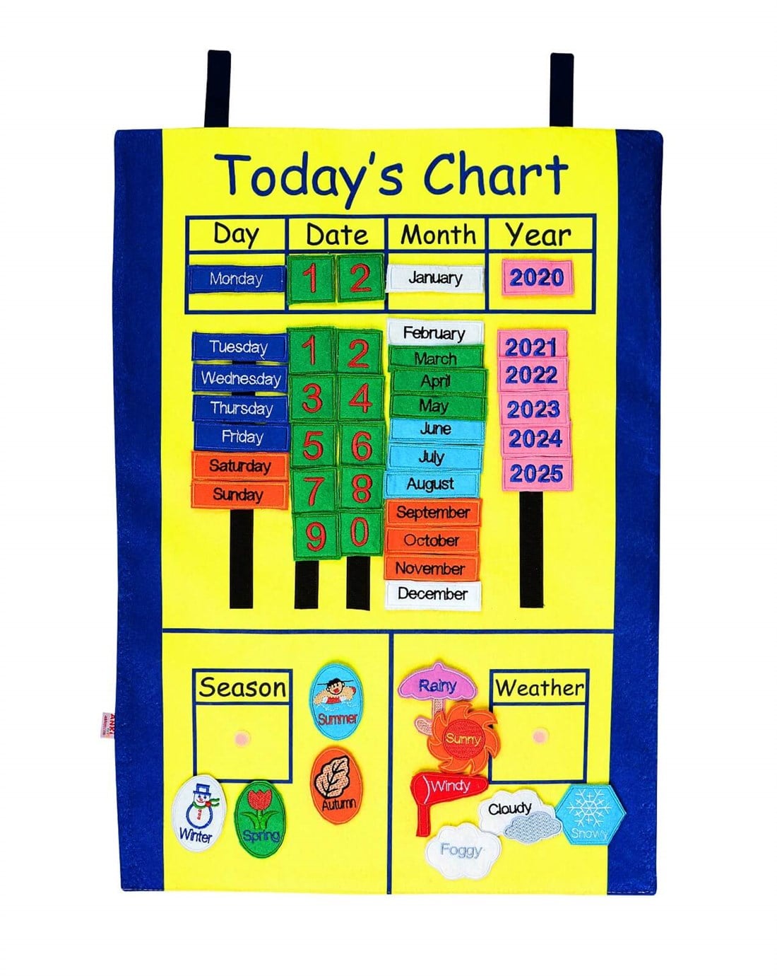 Tablero calendario de fieltro con pegatinas de velcro (Inglés)