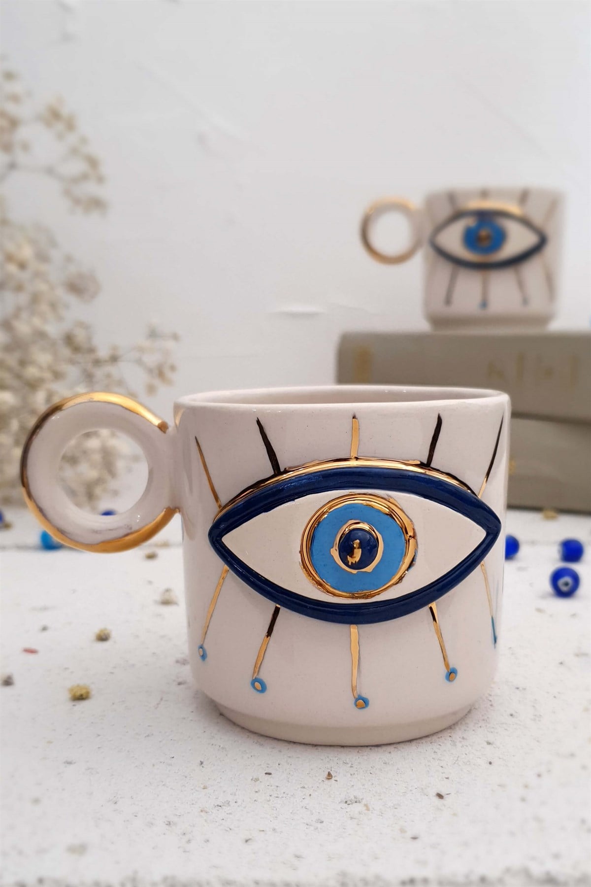 24K Altın Detaylı - Göz Figürlü Fincan - Nazar Serisi - Evil Eye Mug - El Yapımı Seramik