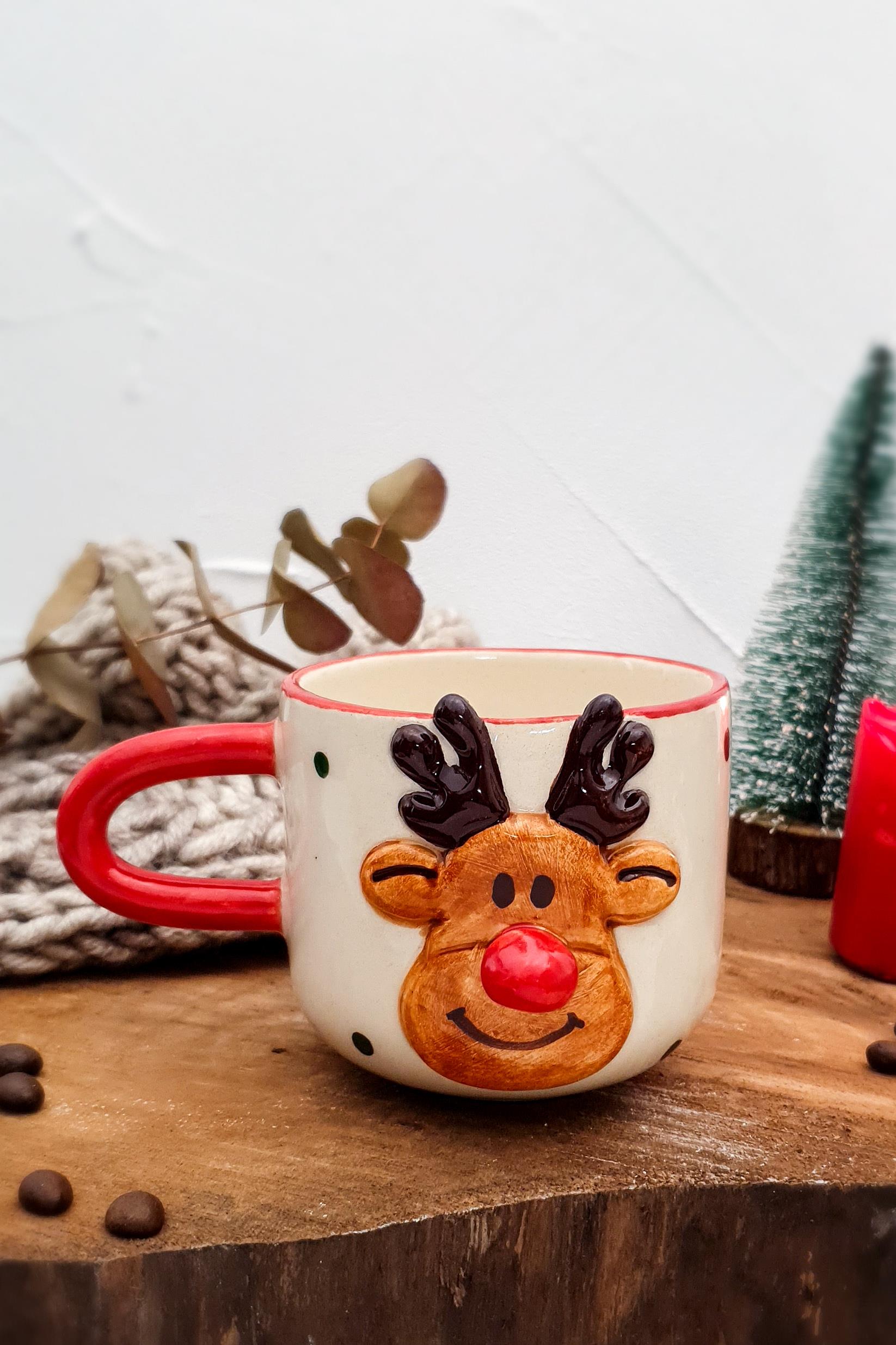 Geyikli Kahve Fincanı - Yılbaşı Temalı - El Yapımı Seramik - Duble Boy