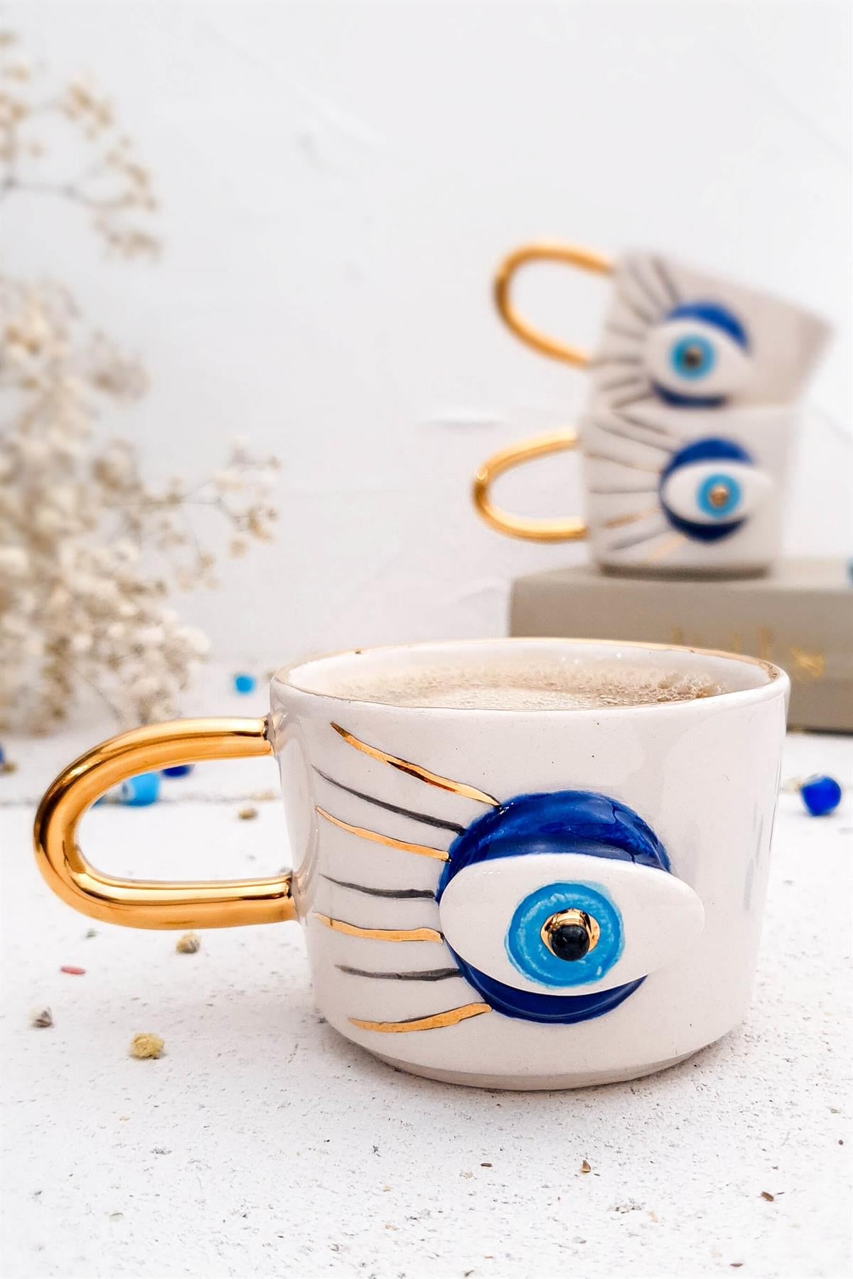 Göz Figürlü Fincan - Nazar Temalı Fincan - 24K Altın Detaylı - Nazar Serisi - Evil Eye Mug - El Yapımı Seramik