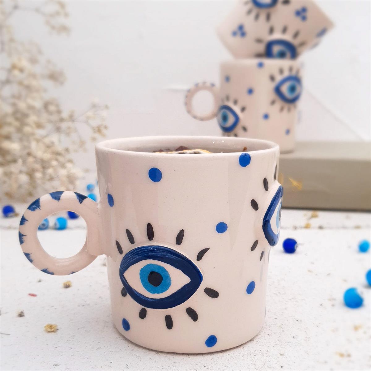Göz Figürlü Nazar Kahve Fincanı - El Yapımı Seramik