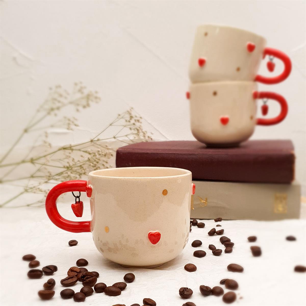 Kalp Küpeli Duble Fincan - Seramik - El Yapımı