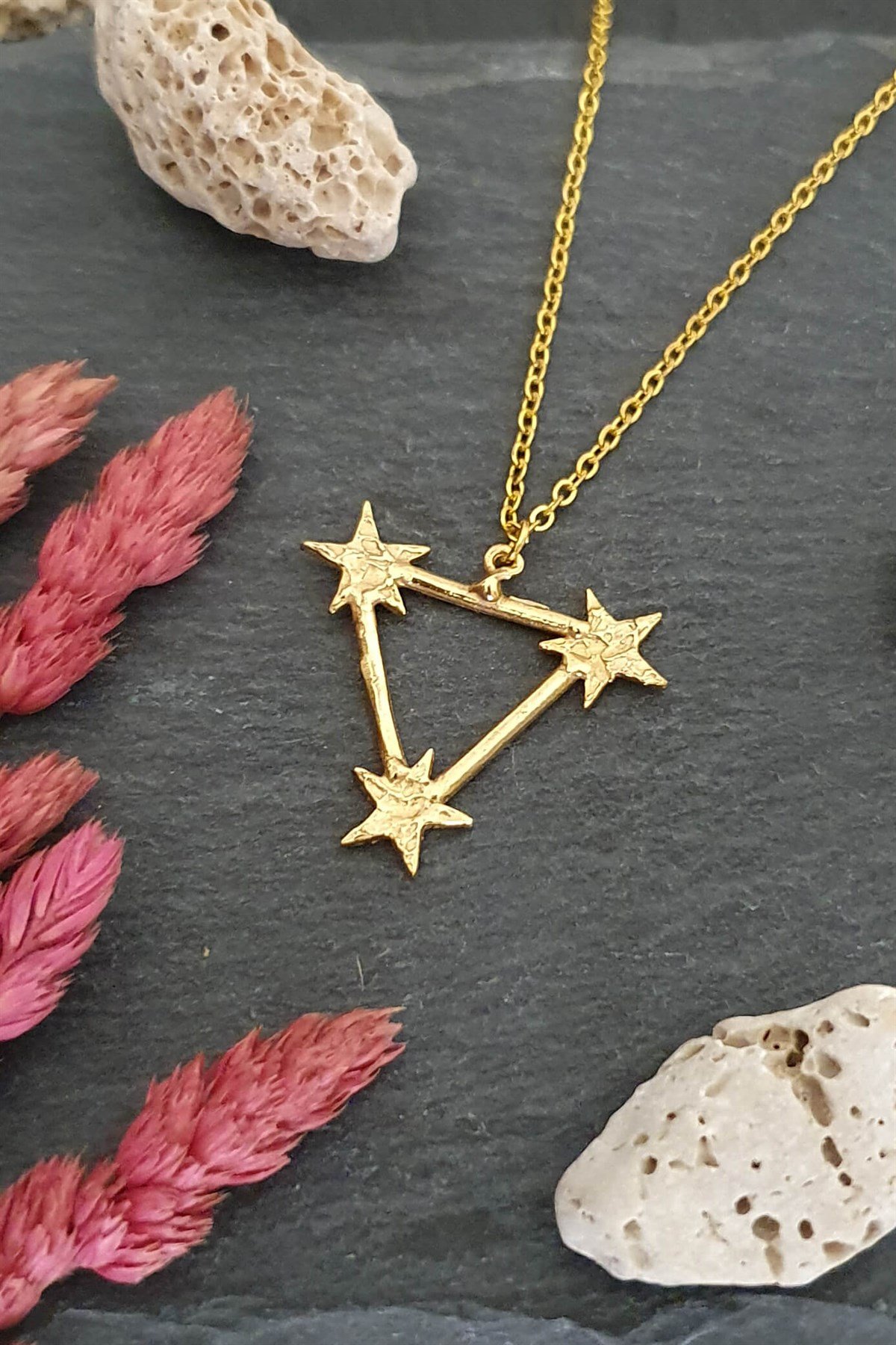 Yıldızlı Üçgen Kolye - El Yapımı - Bronz Üzeri 22K Altın Kaplama