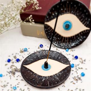 Göz Tütsülük - El Yapımı Seramik - Nazar - Göz Figürlü Tütsü Tabağı - Siyah Renk