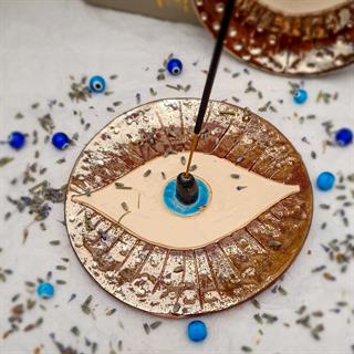 Göz Tütsülük - El Yapımı Seramik - Nazar - Göz Figürlü Tütsü Tabağı - Bal Rengi